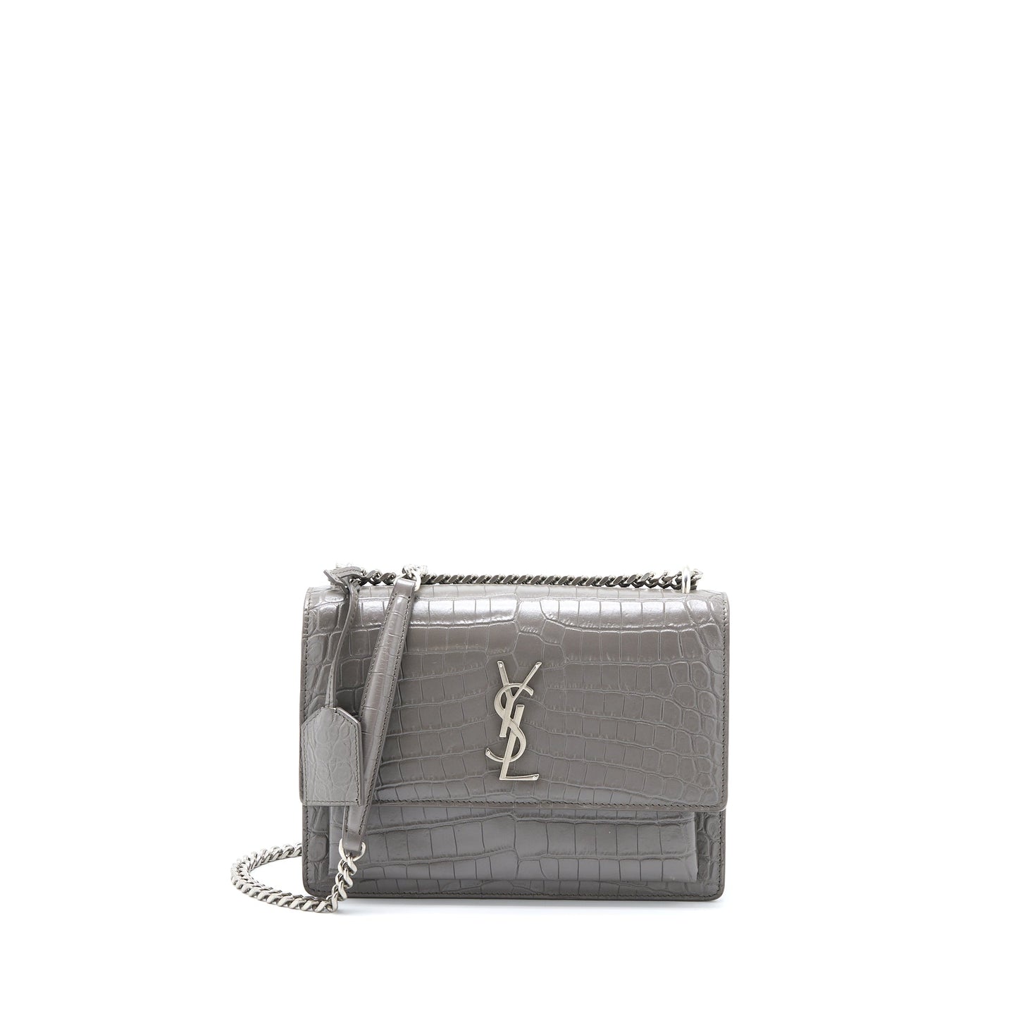 Saint Laurent Medium Sunset Chain Purse Crocodile-Embossed Calfskin Grey