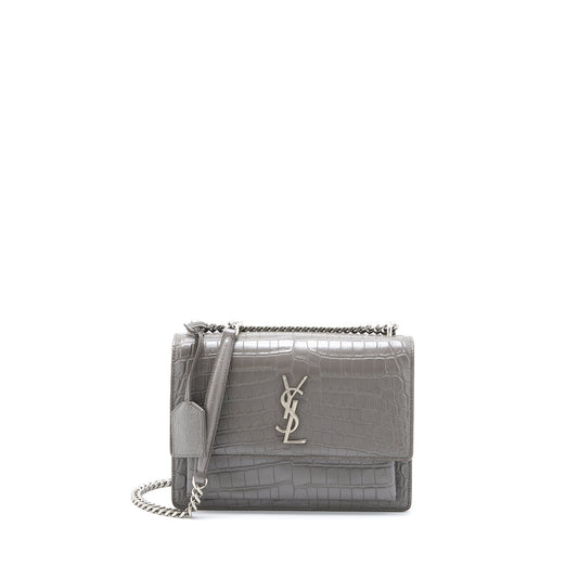 Saint Laurent Medium Sunset Chain Purse Crocodile-Embossed Calfskin Grey