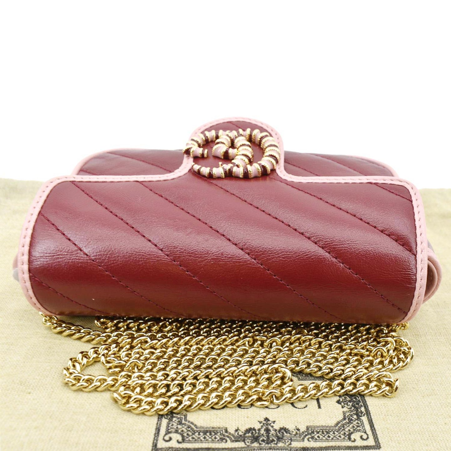 GUCCI Vintage Effect Super Mini GG Marmont Diagonal Leather Shoulder Bag Red 574969