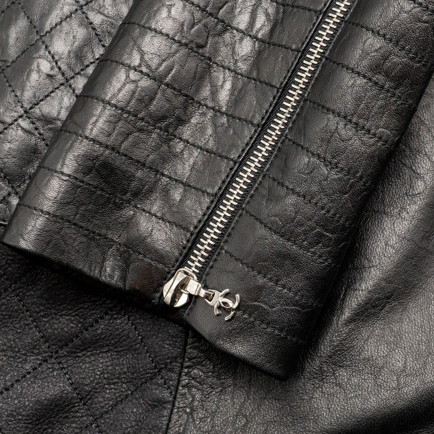 Chanel Size 44 Quilted Long Coat Leather Black
