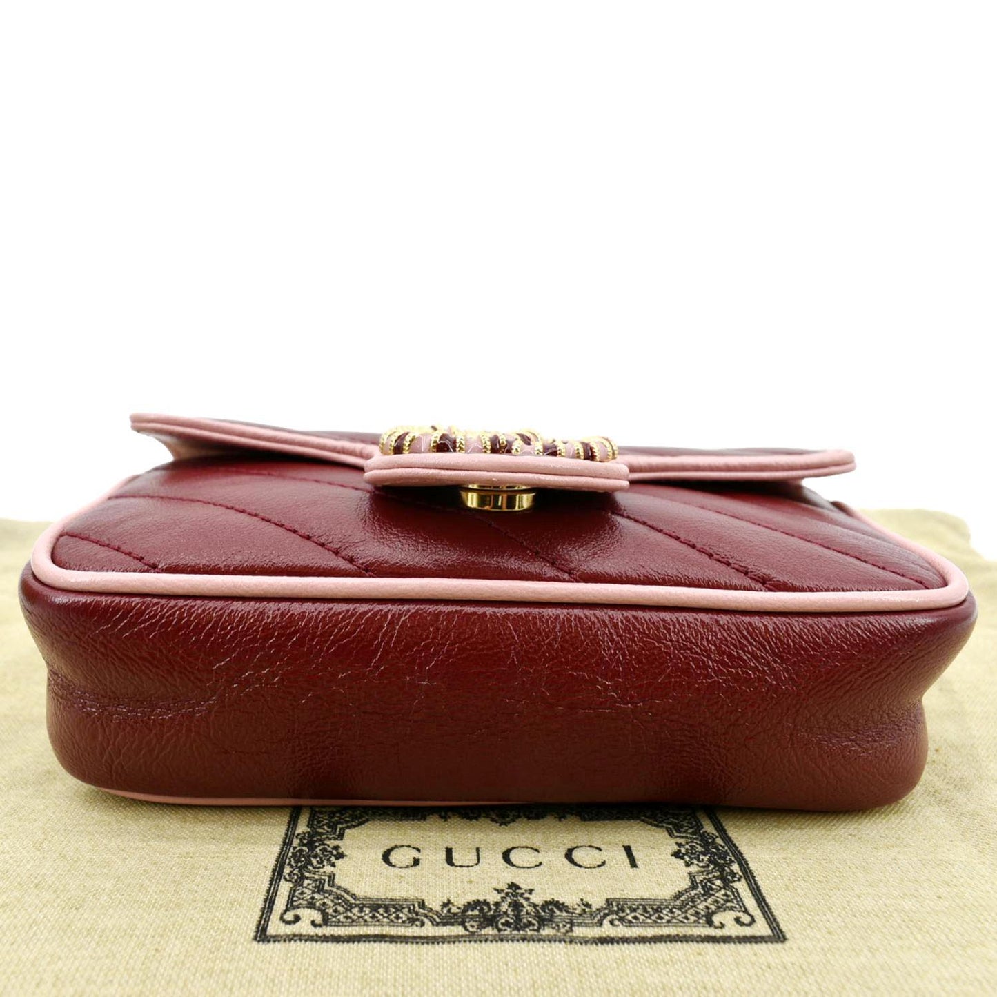 GUCCI Vintage Effect Super Mini GG Marmont Diagonal Leather Shoulder Bag Red 574969