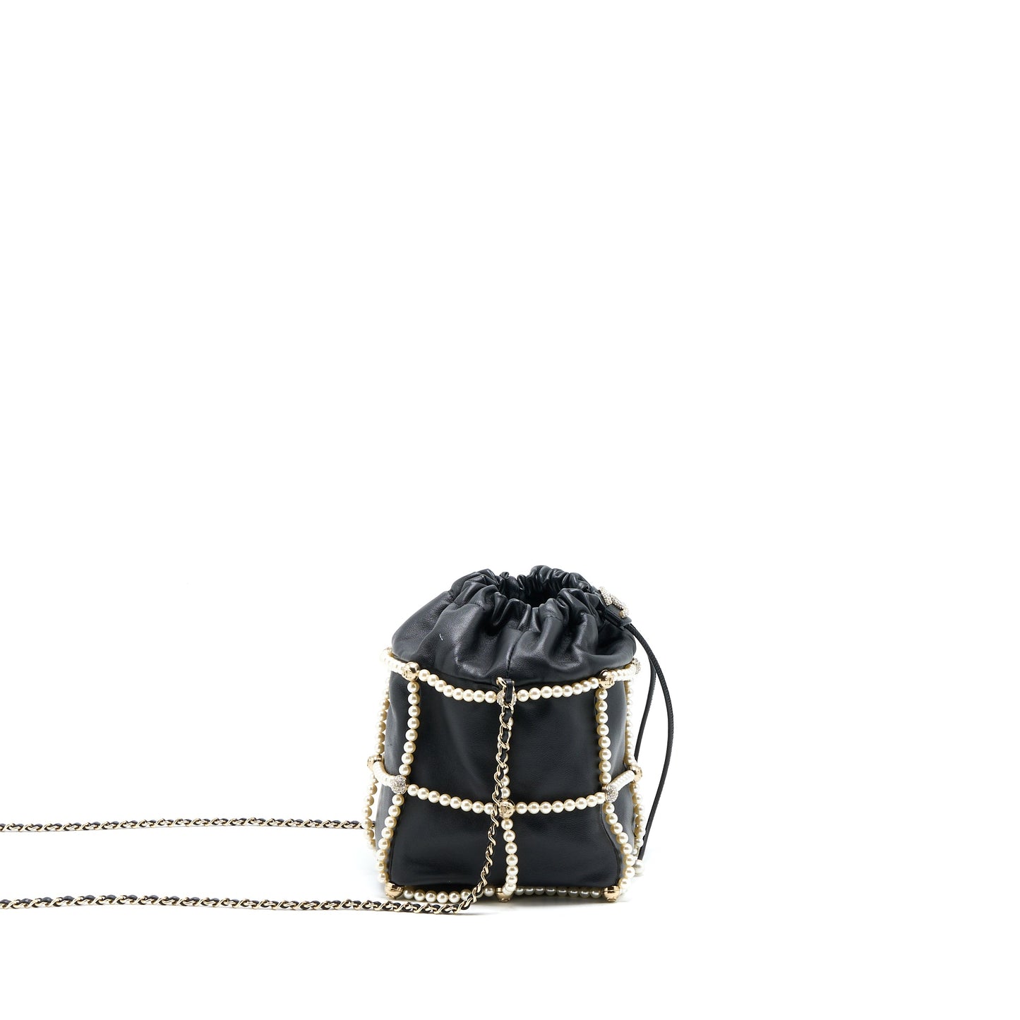 Chanel Bucket Crystal CC Logo Pearl Chain Bag Lambskin Black SHW