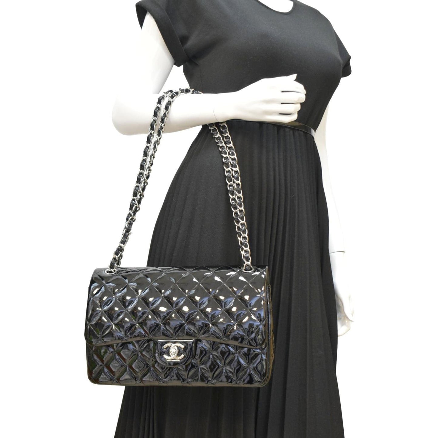 CHANEL Classic Medium Double Flap Patent Leather Shoulder Bag Black