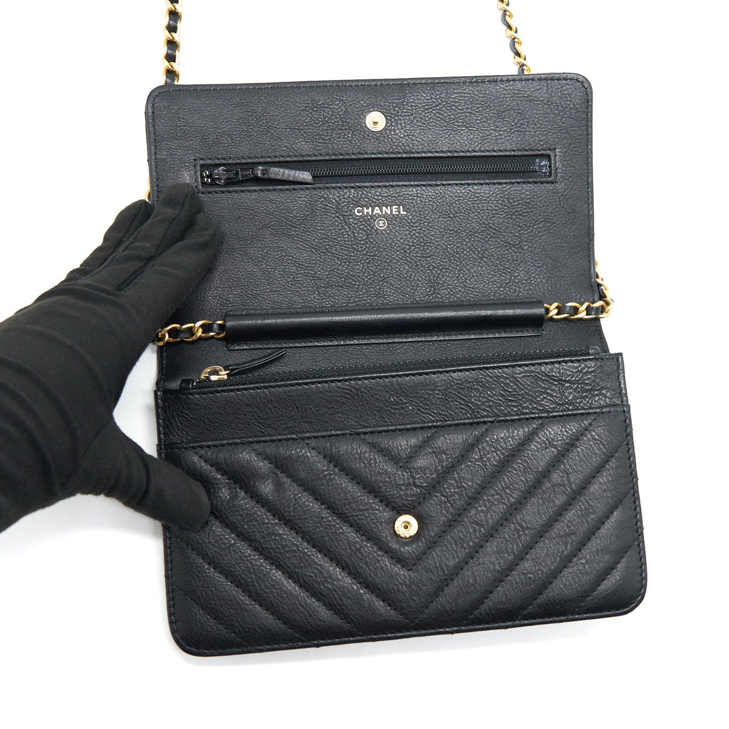 CHANEL CHEVRON WALLET ON CHAIN BLACK GHW CALFSKIN