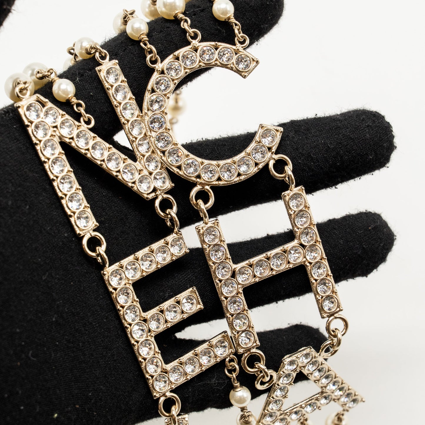 Chanel letter / pearl long giant necklace light gold tone