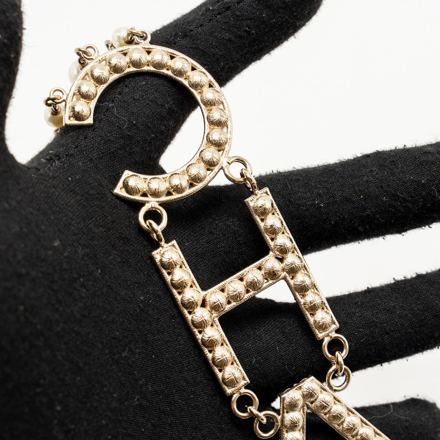 Chanel letter / pearl long giant necklace light gold tone