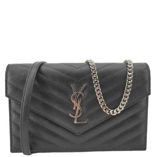 YVES SAINT LAURENT Cassandre Leather Wallet On Chain Crossbody Bag Black