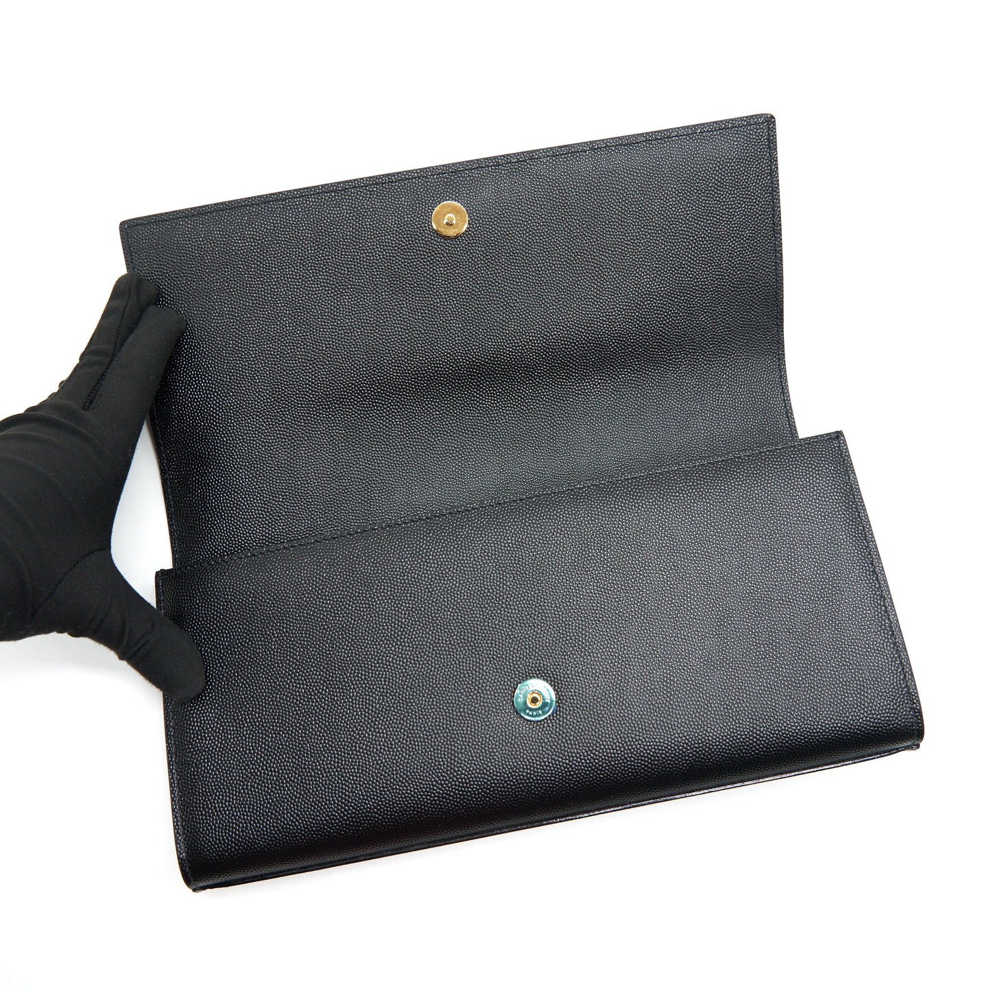SAINT LAUREN KATE CLUTCH IN GRAIN DE POUDRE EMBOSSED LEATHER BLACK GHW