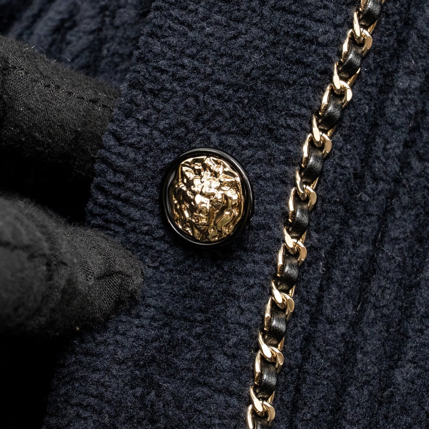 Chanel Size 34 Lion Button and Leather-Woven Chain Detailed Jacket Polyamide Black
