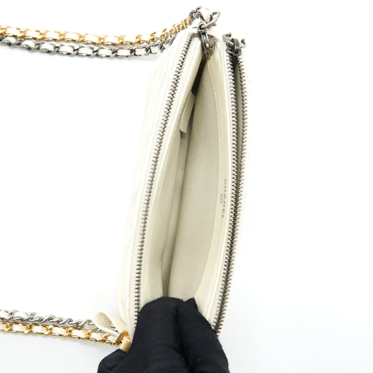 Chanel Gabrielle Clutch On Chain Aged Calfskin White ilver And Gold Hardware