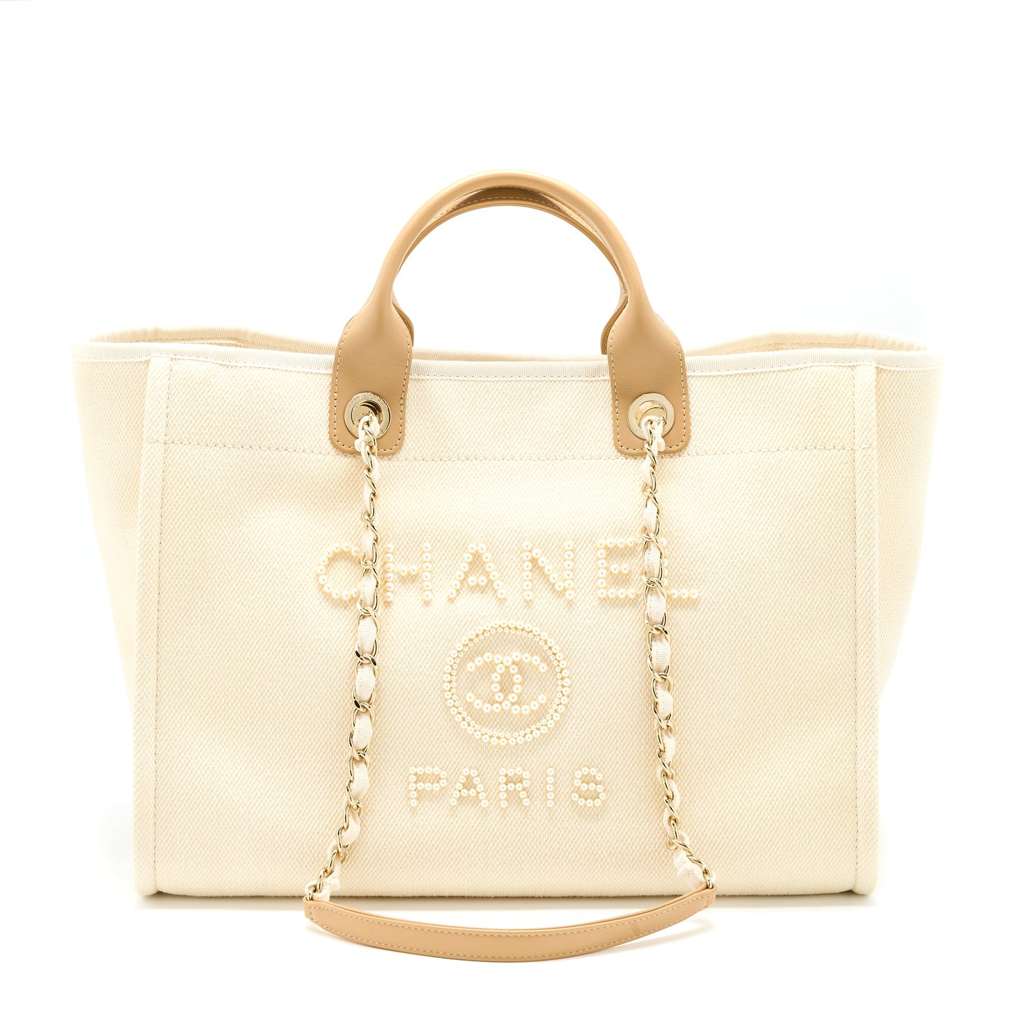 Chanel Deauville Tote Bag Fabric/Leather Creamy White/Beige GHW
