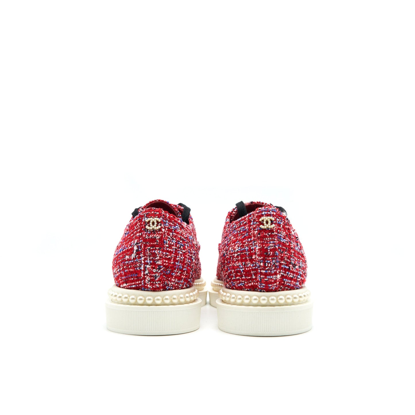 Chanel Size 36.5 Tweed Lace-Up Pearl Flats Red