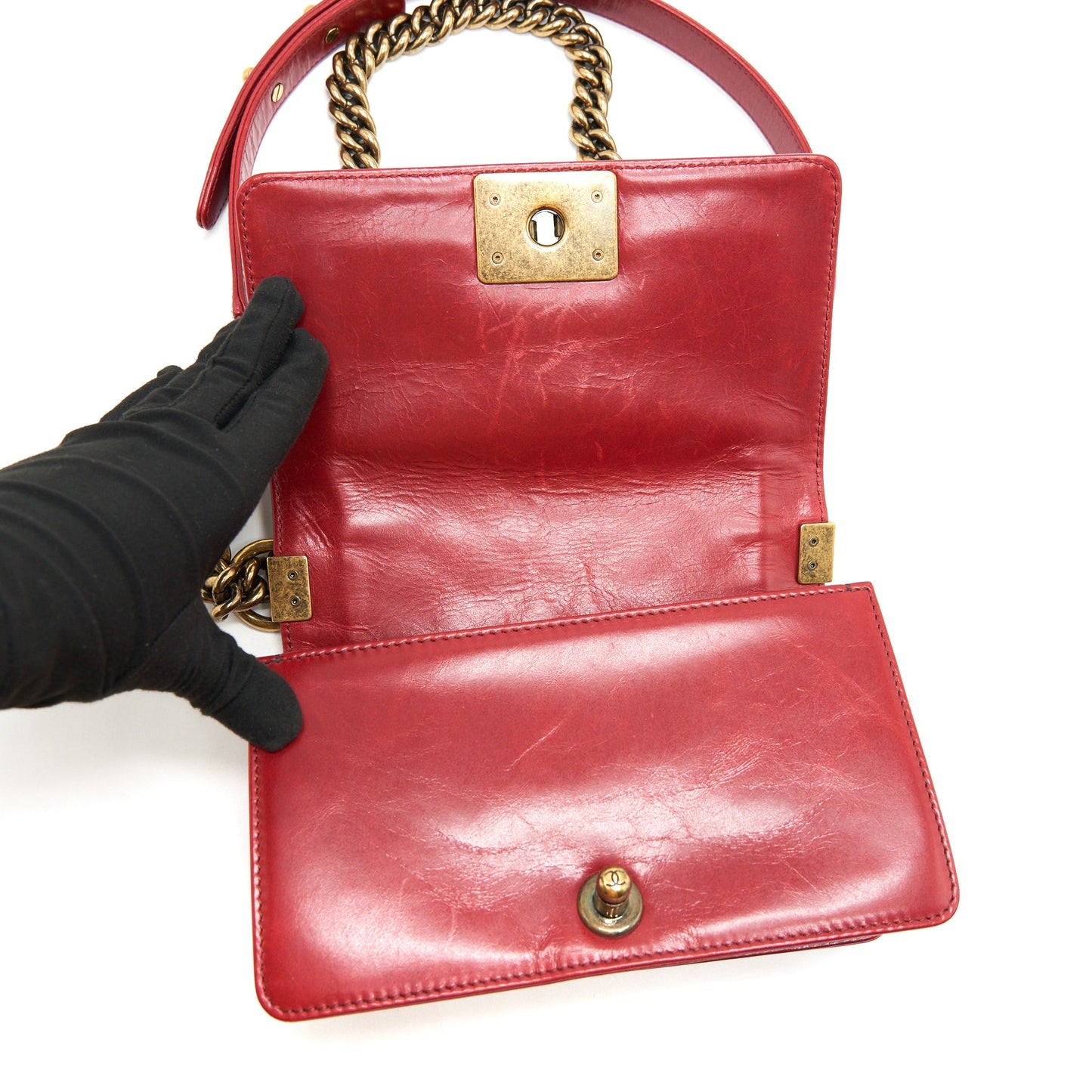 CHANEL GLAZED CALFSKIN SMALL LE BOY BAG IN RED GHW