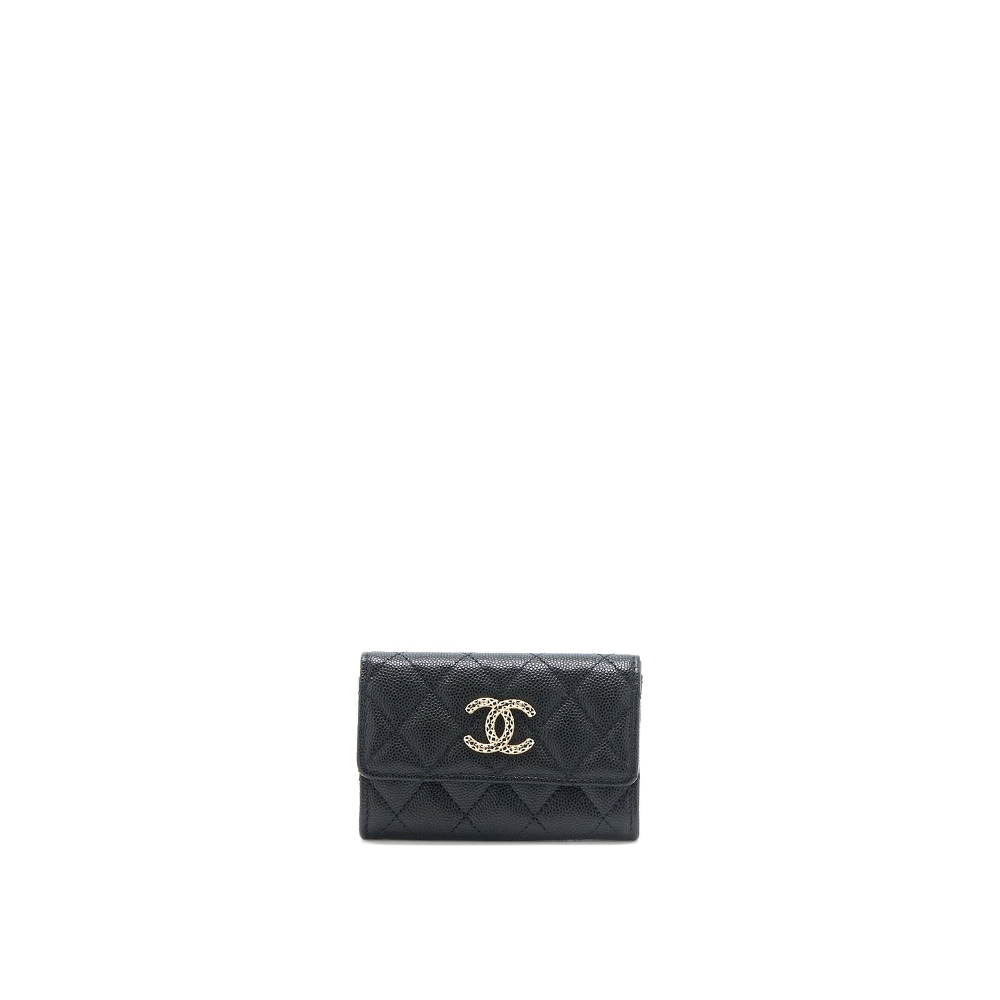 Chanel 23P Detail CC Logo Flap Card Holder Caviar Black LGHW (Microchip)