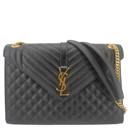 YVES SAINT LAURENT Envelope Flap Leather Chain Shoulder Bag Black