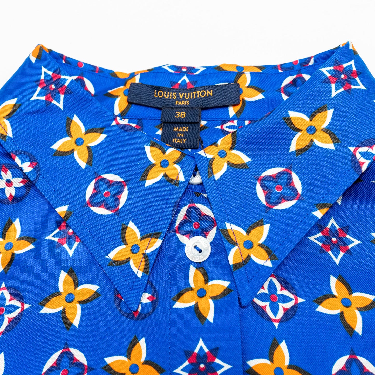 Louis Vuitton Size 38 Monogram Button Down Blouse/Shirt Silk Blue/Multicolour