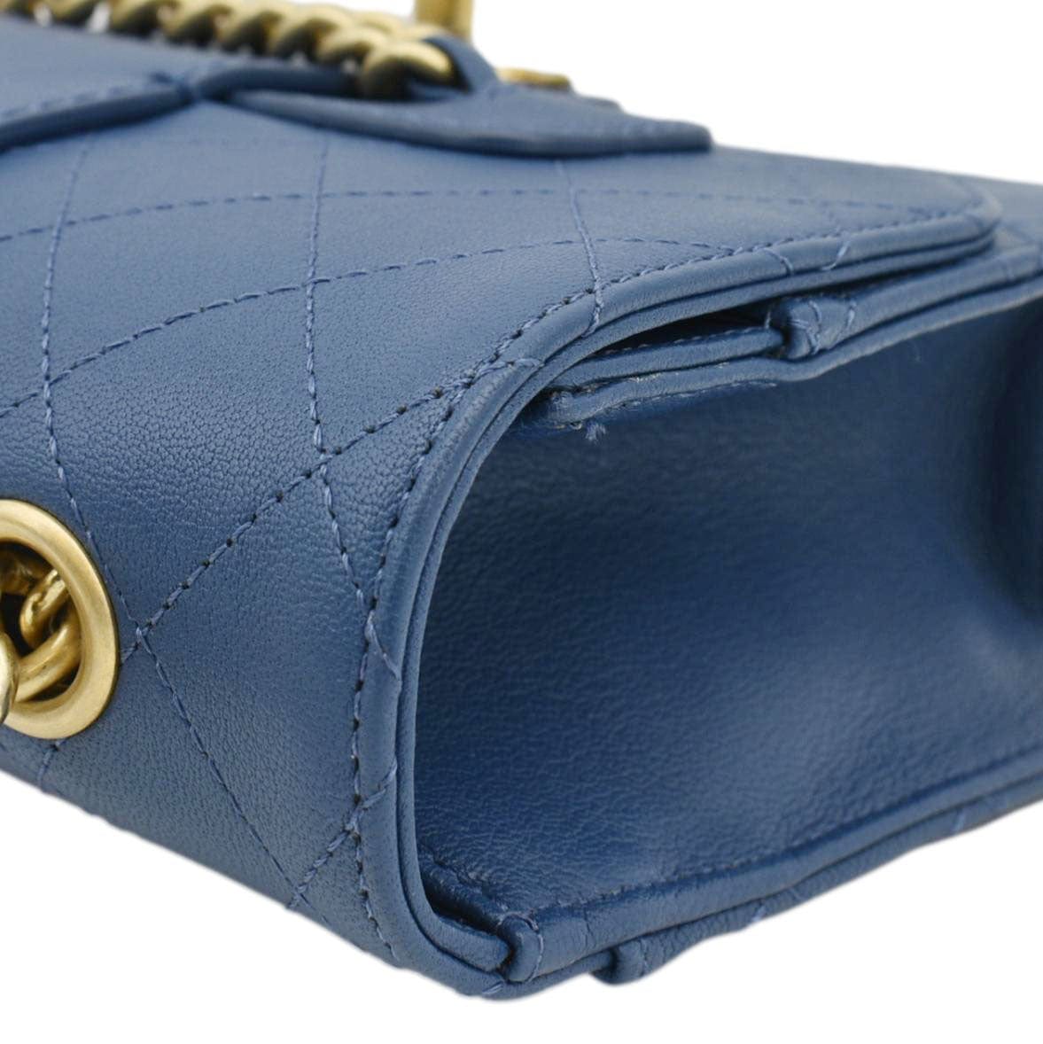 CHANEL Front Chain Flap Quilted Leather Shoulder Bag Blue
