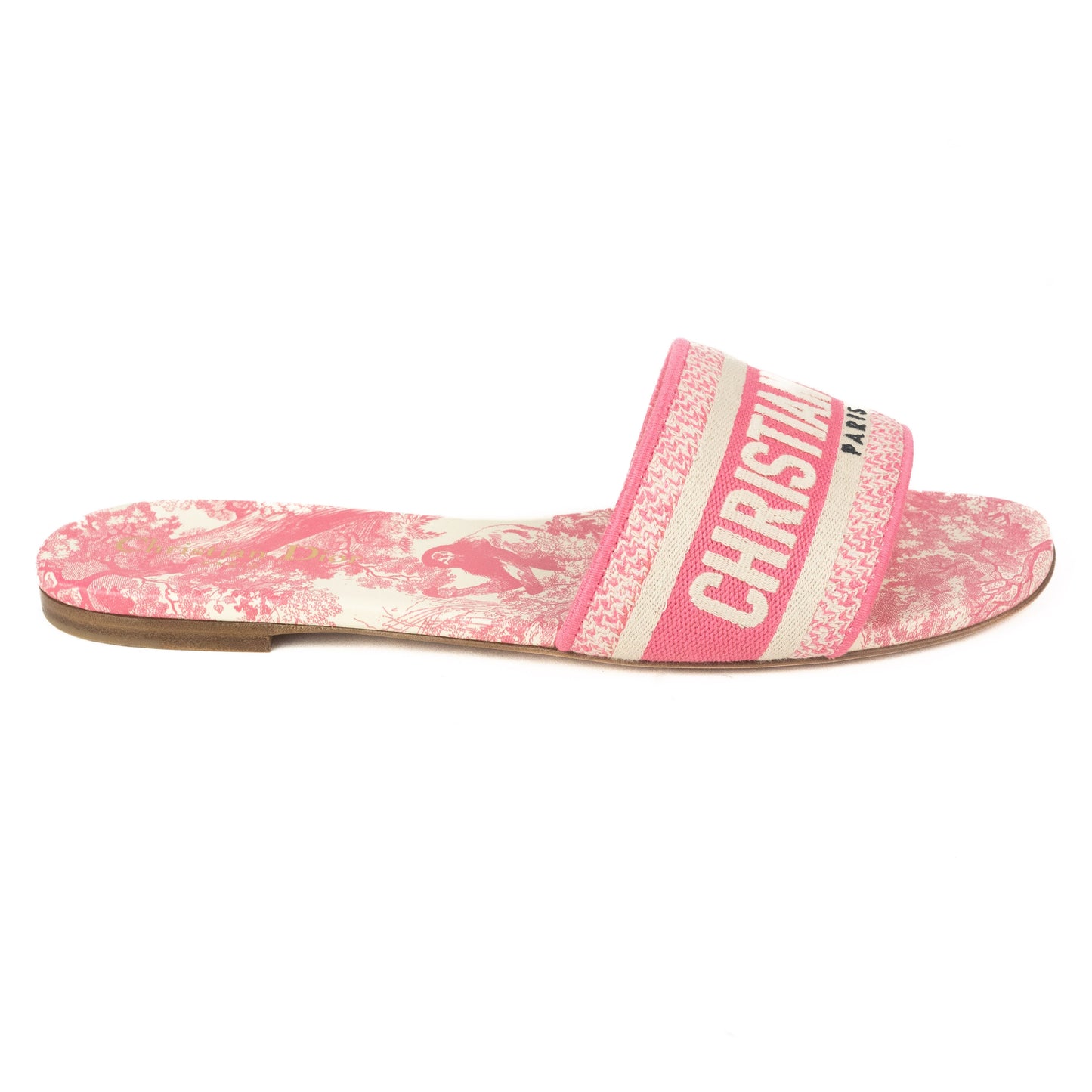 Dior Dway Slides in Peony Pink Toile de Jouy Embroidered Cotton