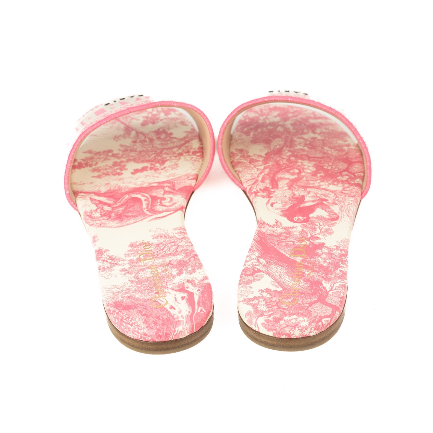 Dior Dway Slides in Peony Pink Toile de Jouy Embroidered Cotton