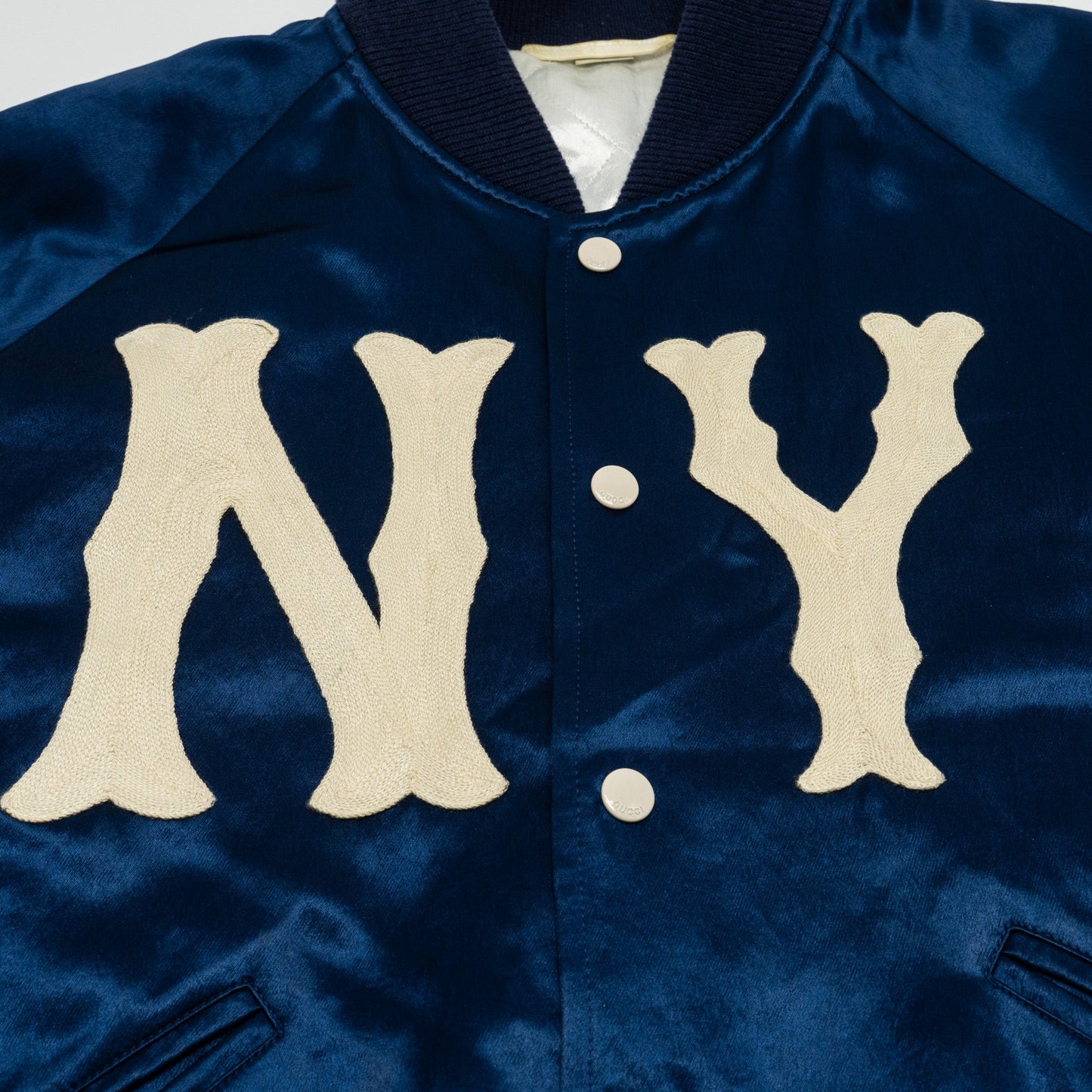 GUCCI Size 48 Yankees Bomber Jacket Satin Blue/White
