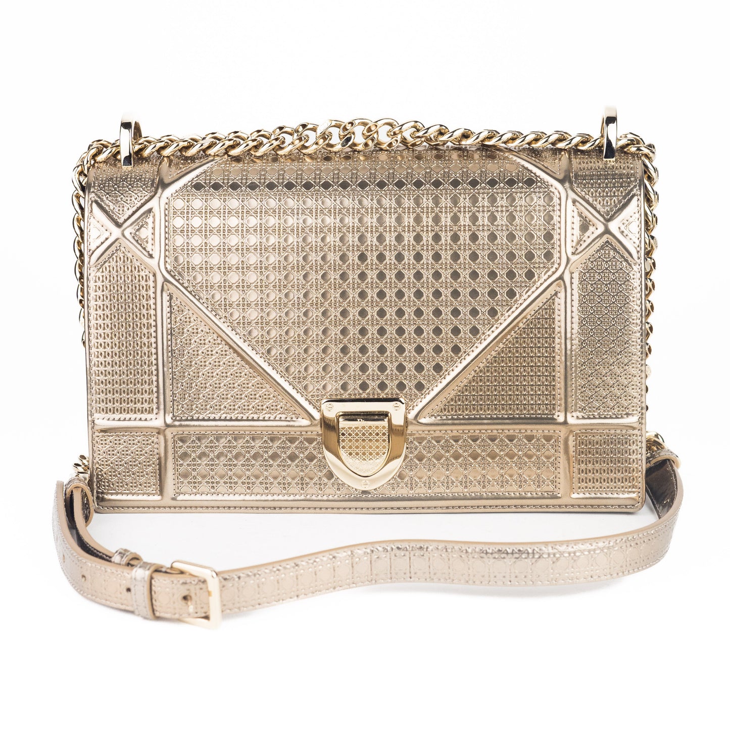 Dior Metallic Patent Micro-Cannage Medium Diorama Flap Bag Gold