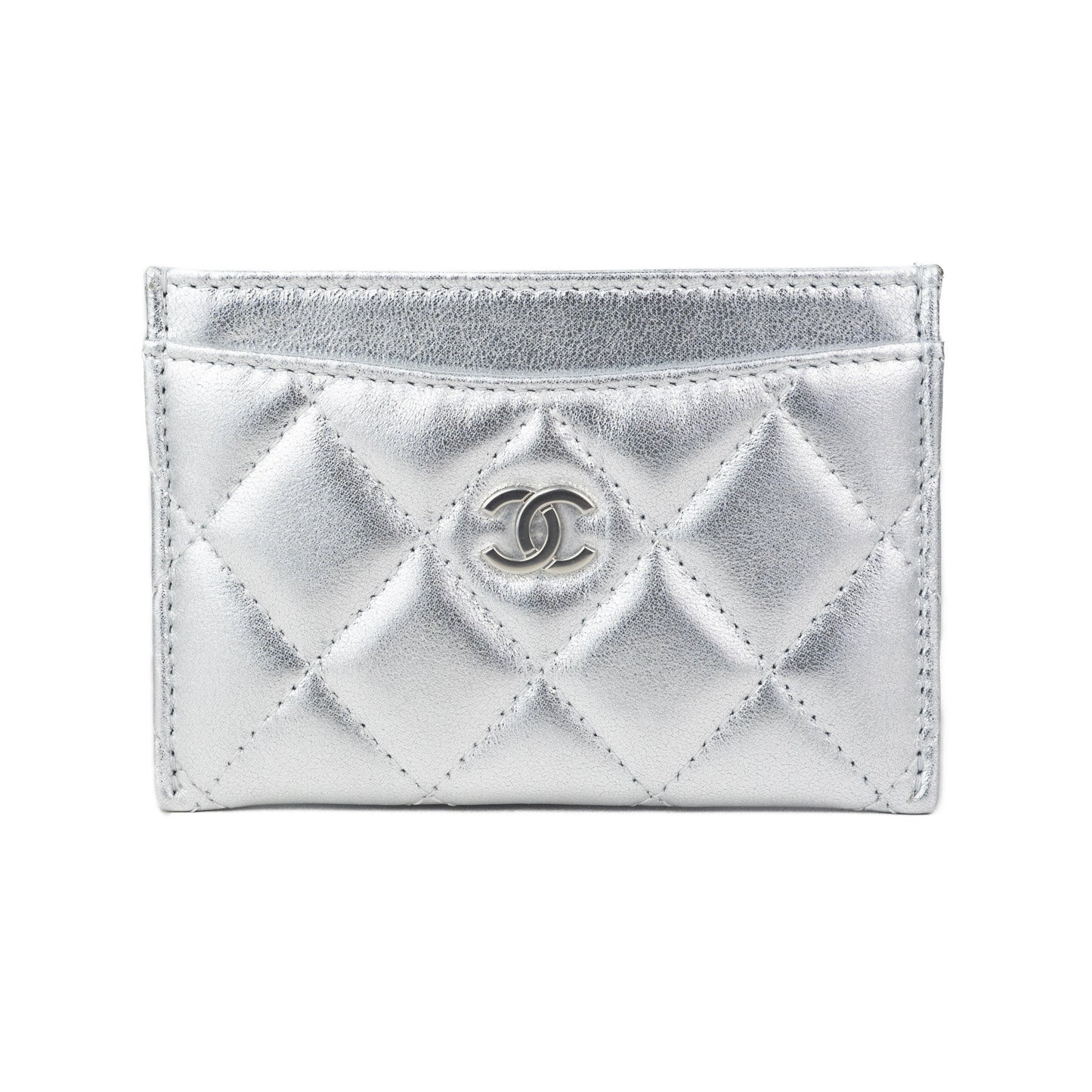 Chanel Silver Metallic Quilted Card Holder