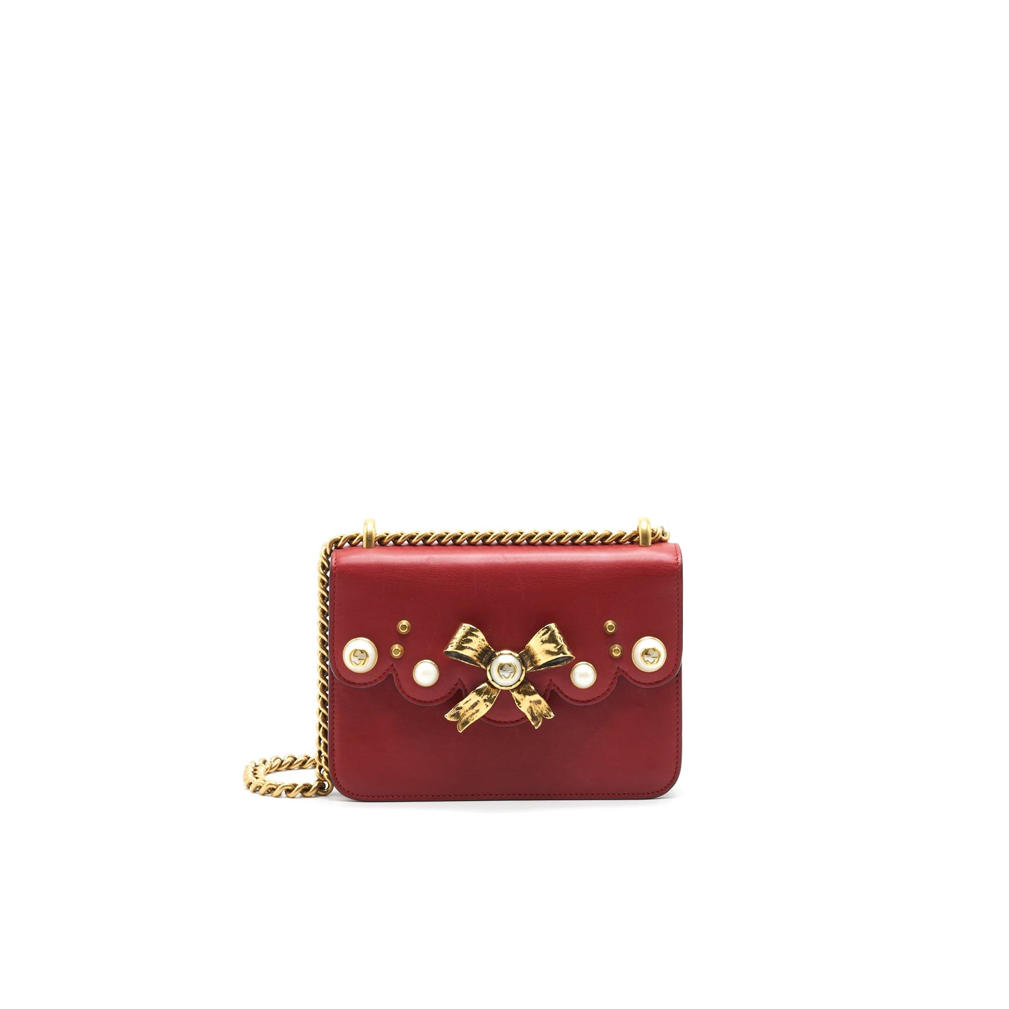Gucci Bow and Pearl Leather Chain Mini Purse Red