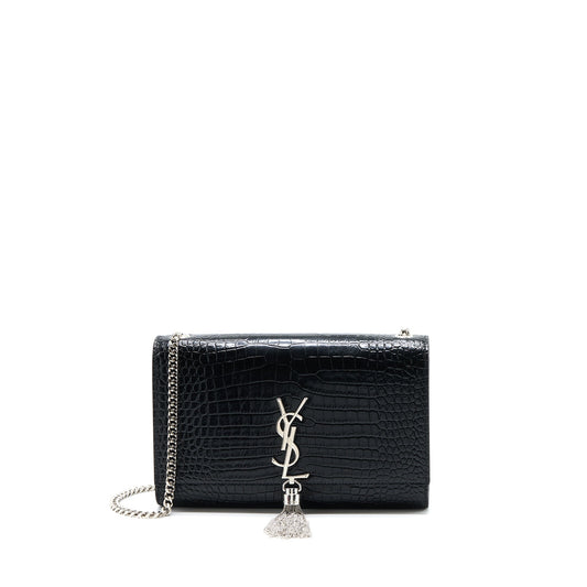Saint Laurent Kate with Tassel Chain Purse Crocodile-Embossed Calfskin Black