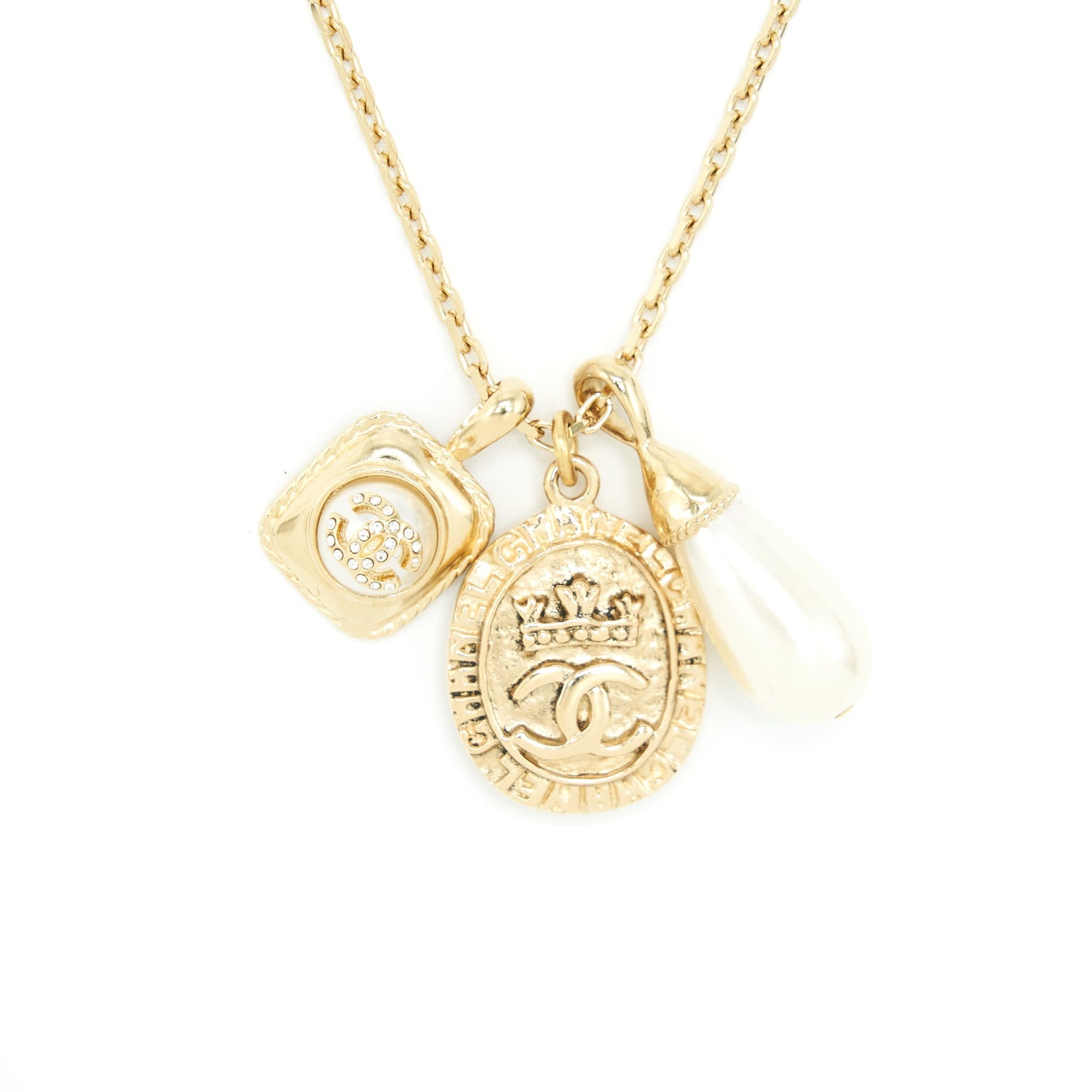 Chanel 21A metal plate and crystal necklace brushed LGHW