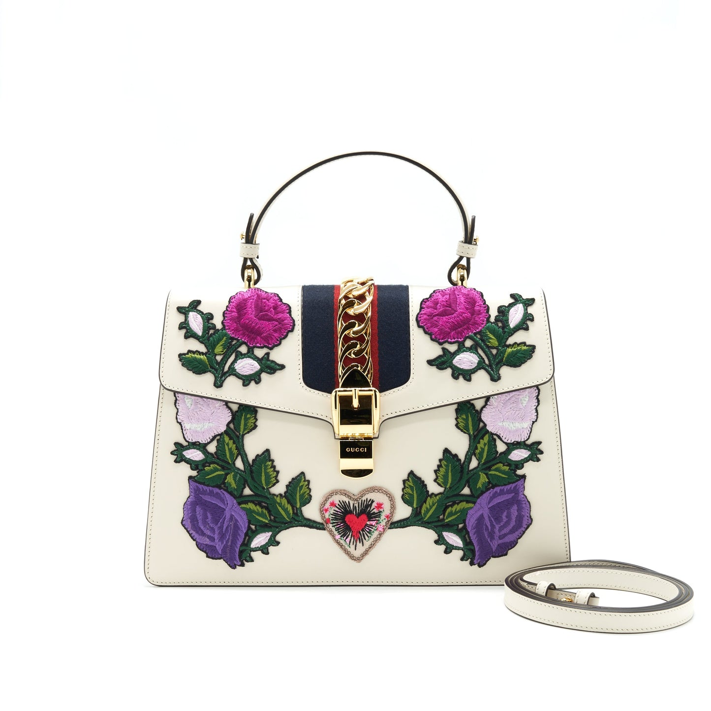 Gucci Sylvie Top Handle Embroidered Medium Tote Purse White