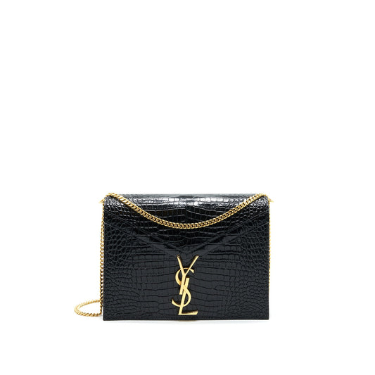 Saint Laurent Cassandra Monogram Clasp Purse Crocodile-Embossed Calfskin Black