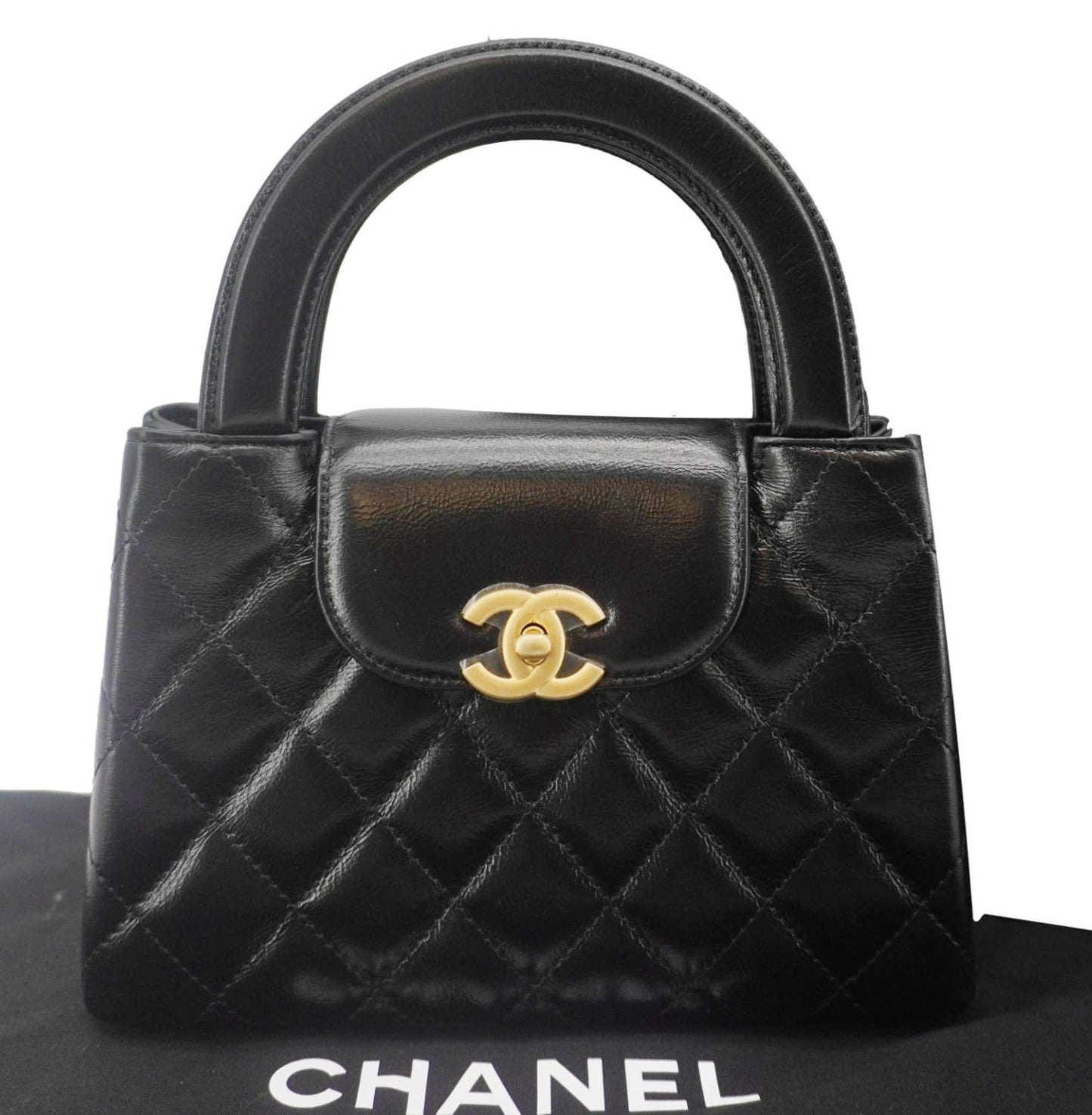 CHANEL Kelly Nano Quilted Aged Calfskin Leather Top Handle Shoulder Bag Black