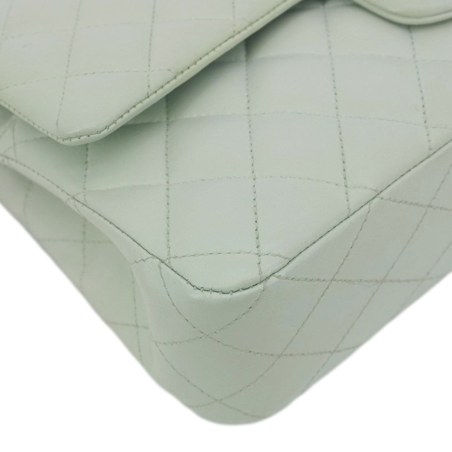 CHANEL Classic Double Flap Small Quilted Leather Shoulder Bag Light Green