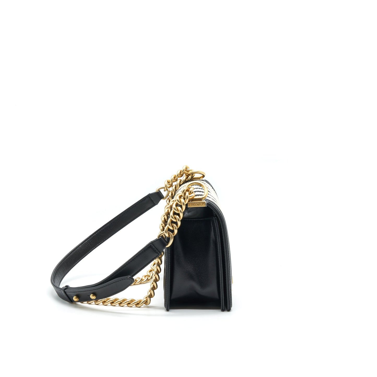 CHANEL TWEED MEDIUM LE BOY CHEVRON BLACK AND WHITE GHW