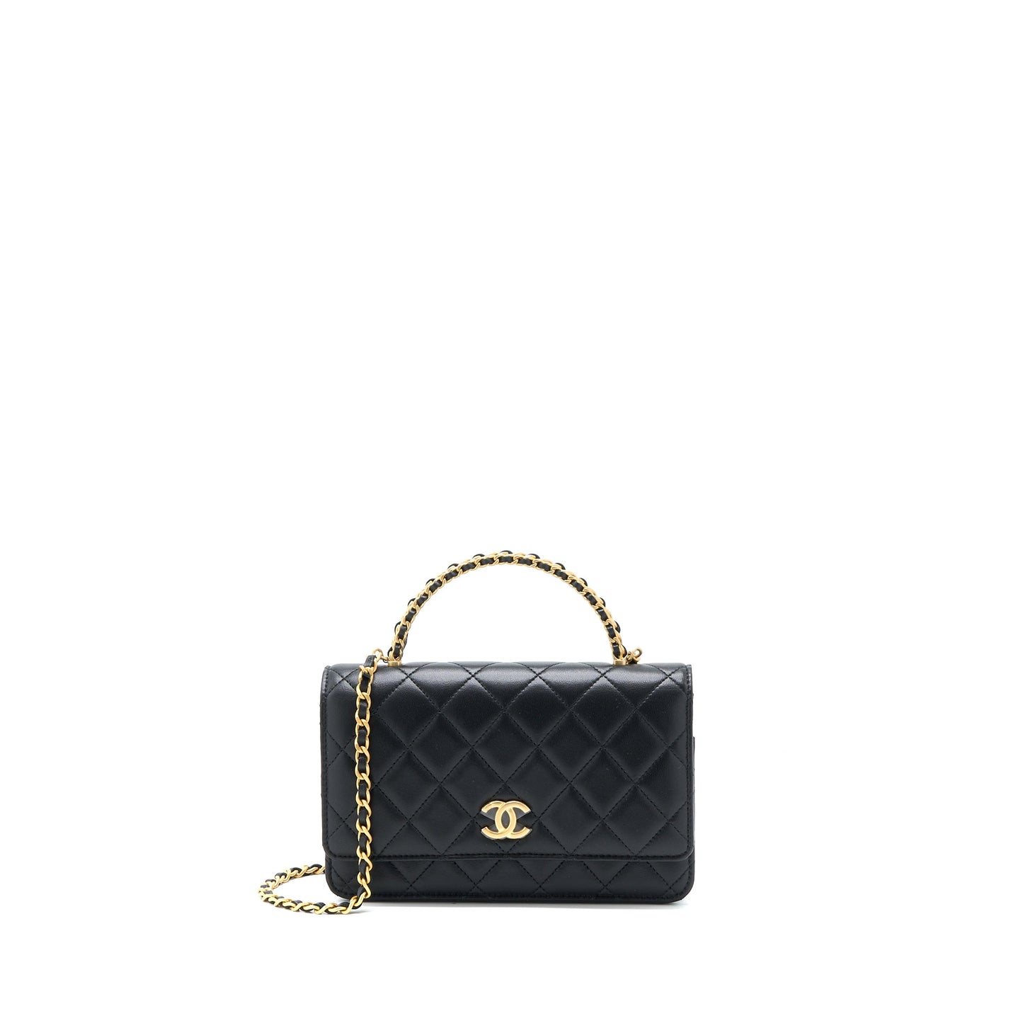 Chanel Top Handle Wallet On Chain Lambskin Black Brushed GHW (Microchip)