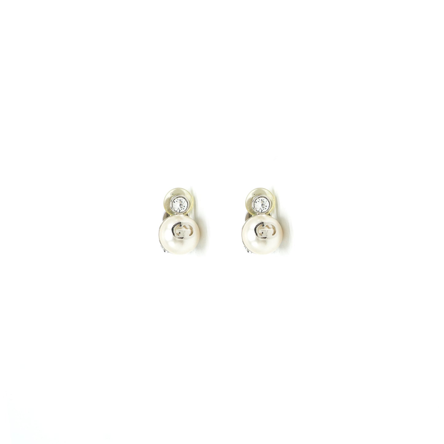 GUCCI Pearl with White Crystal Clip Earrings