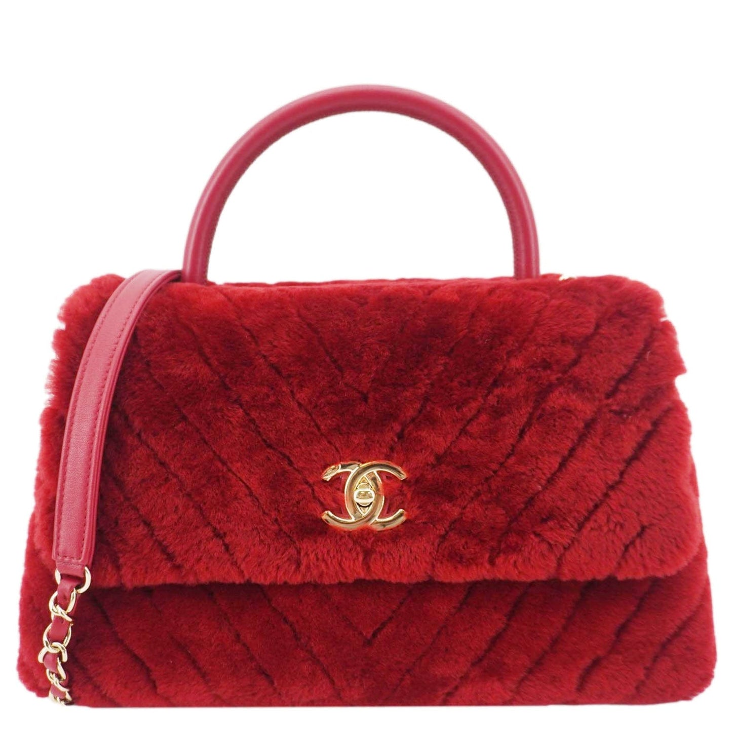 CHANEL Coco Handle Flap Shearling Chevron Shoulder Bag Red