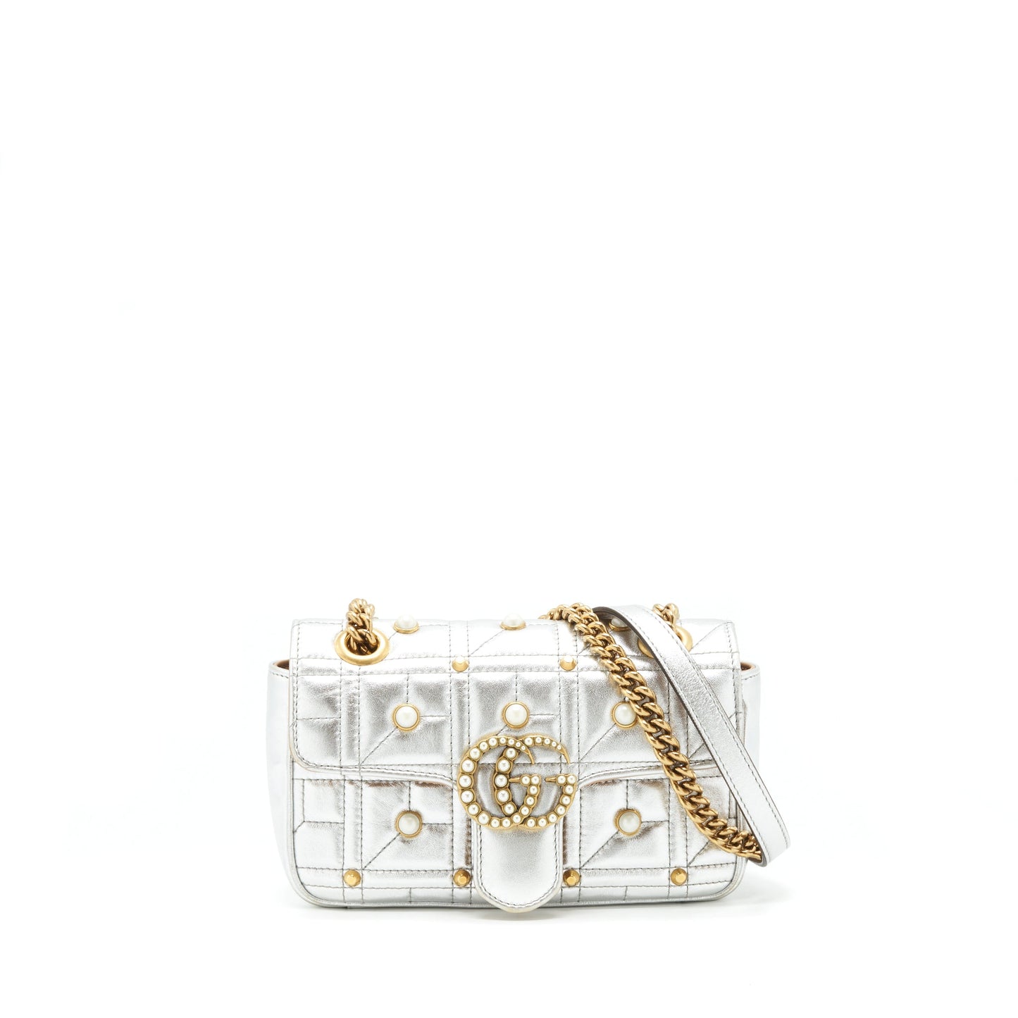Gucci Mini Marmont Flap Purse Limited Edition Silver With Pearl/Gold Hardware