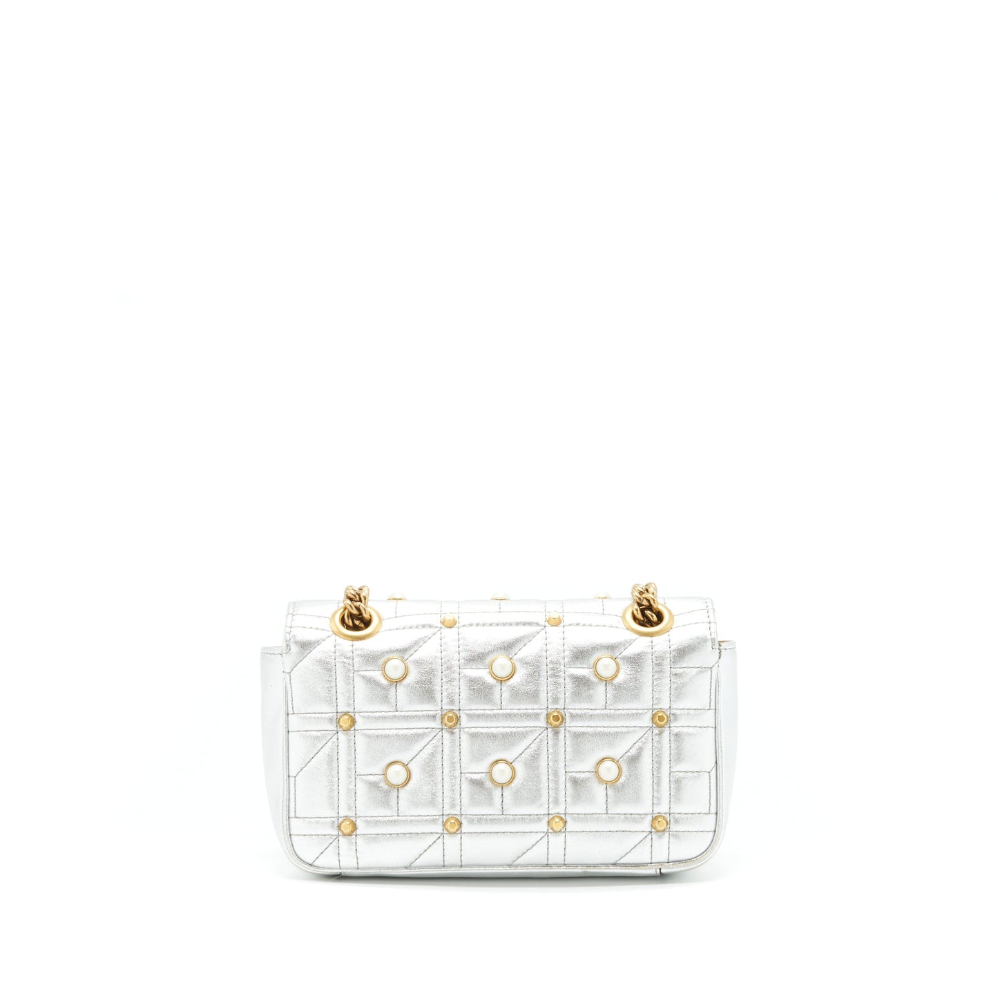 Gucci Mini Marmont Flap Purse Limited Edition Silver With Pearl/Gold Hardware
