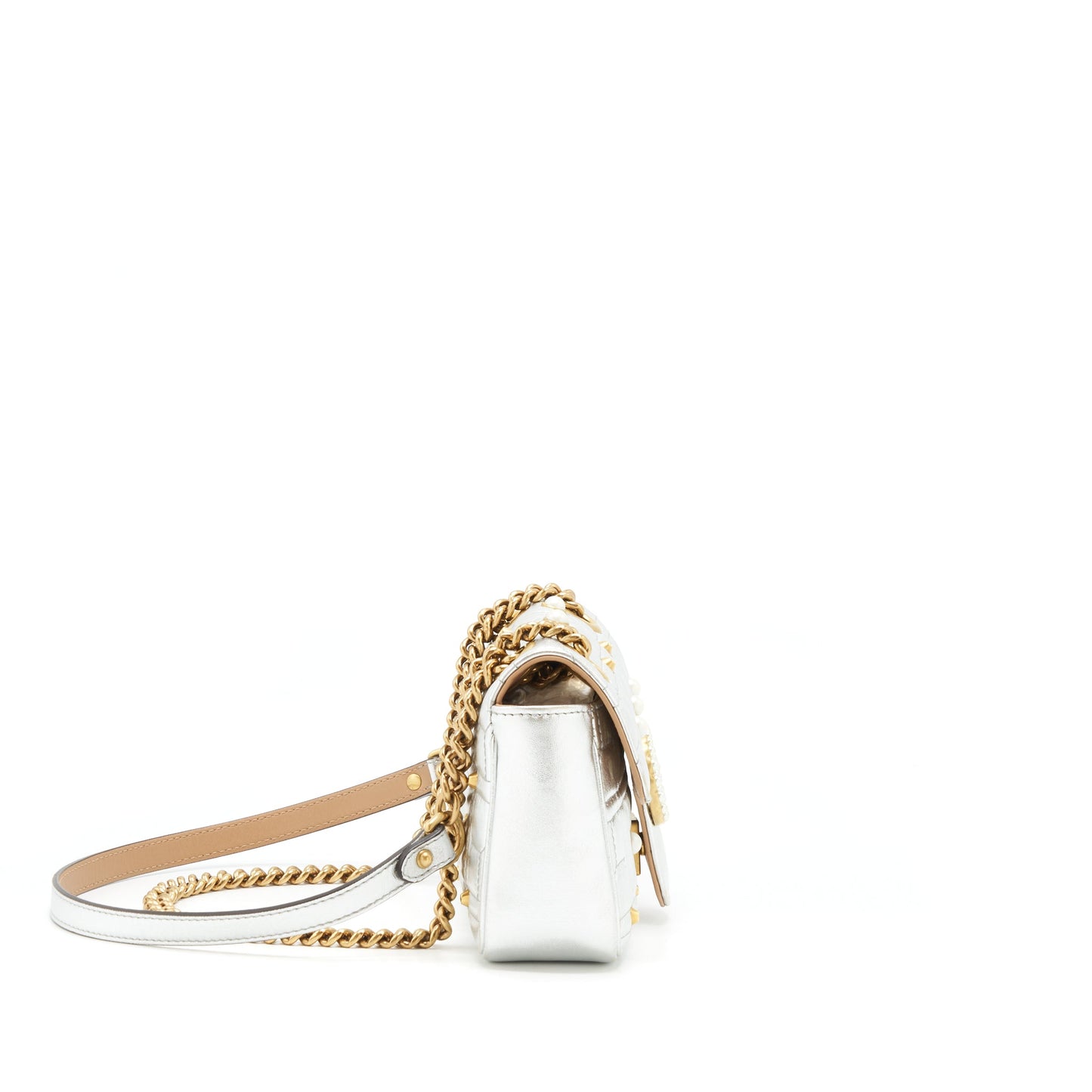 Gucci Mini Marmont Flap Purse Limited Edition Silver With Pearl/Gold Hardware