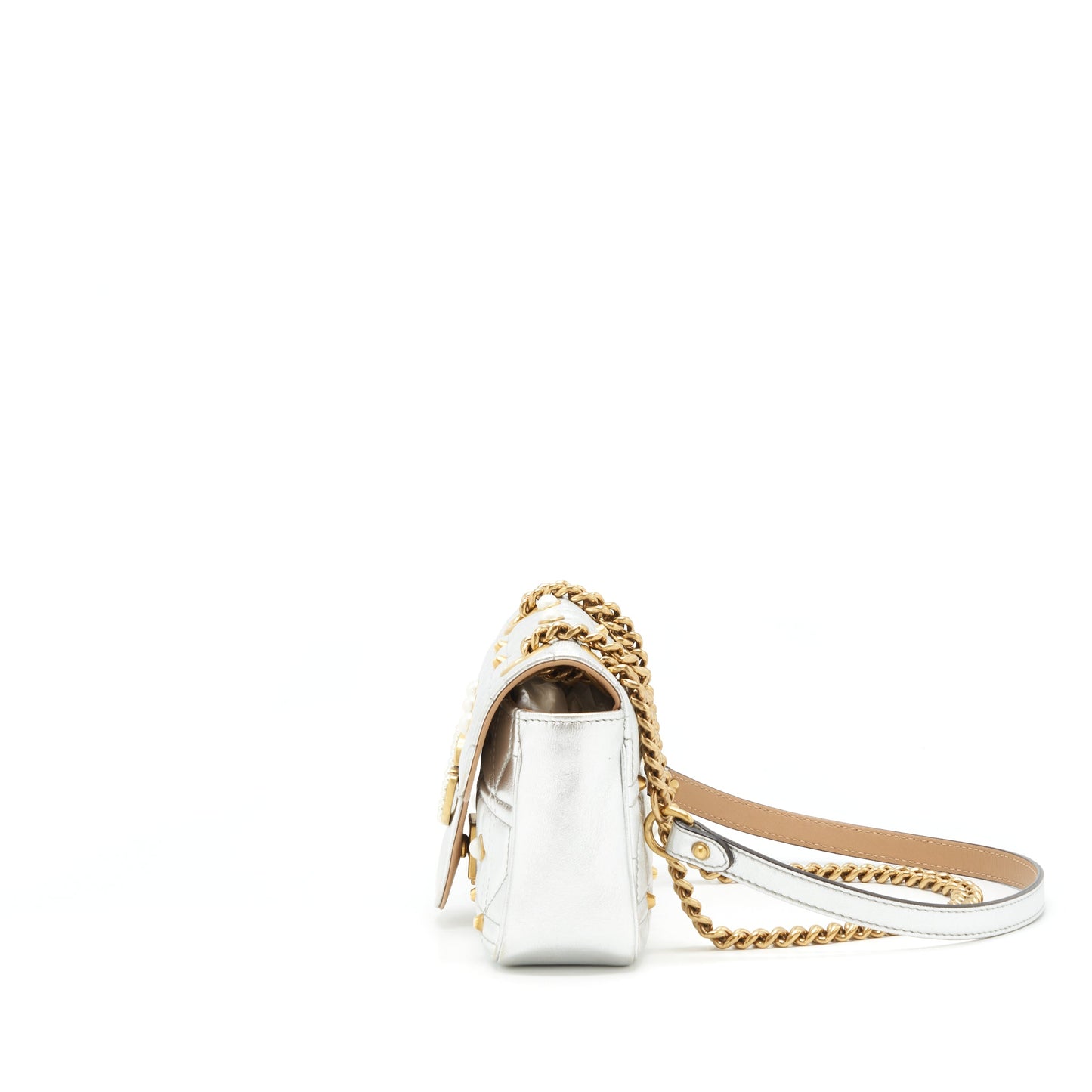 Gucci Mini Marmont Flap Purse Limited Edition Silver With Pearl/Gold Hardware