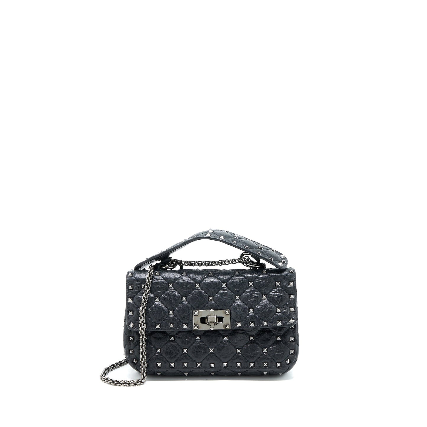 Valentino Rockstud Top Handle Flap Purse with Chain Black