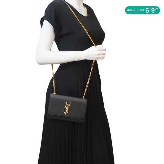 YVES SAINT LAURENT Kate Grain De Poudre Leather Chain Crossbody Bag Black