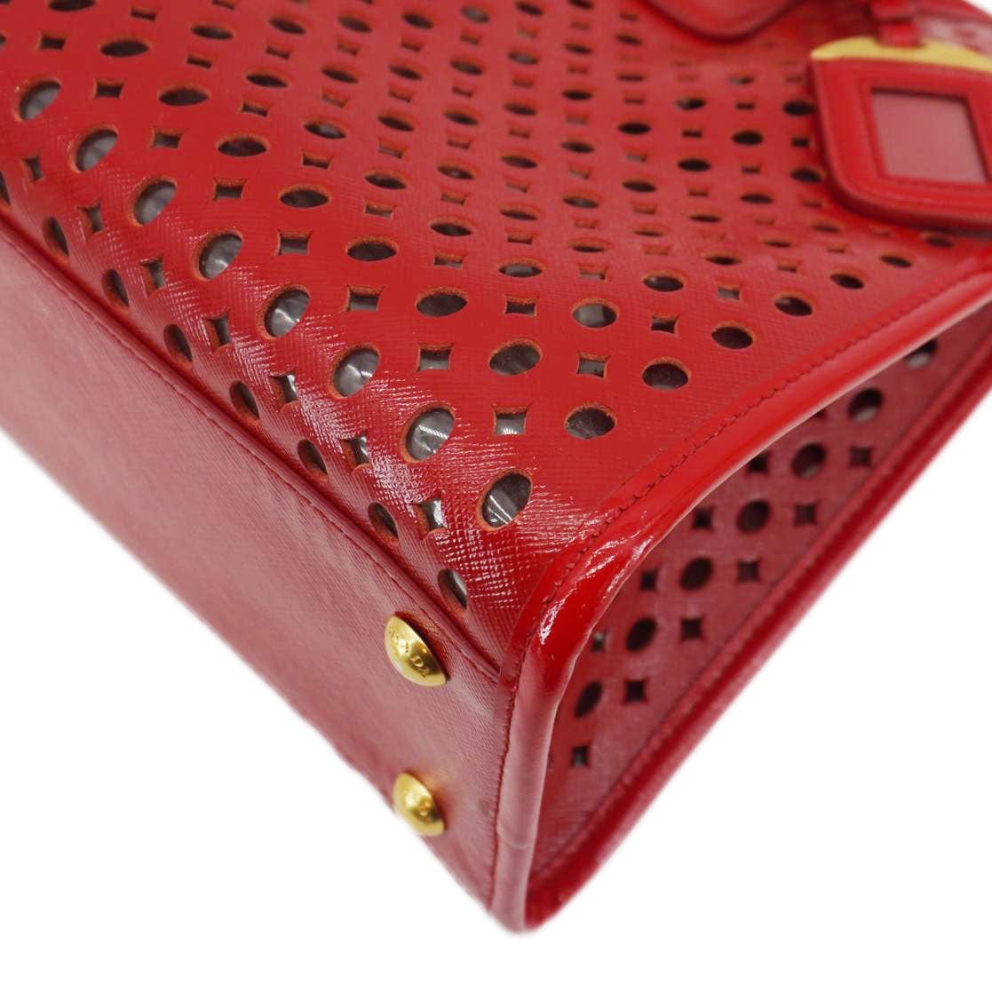PRADA Saffiano Perforated Leather Tote Bag Red