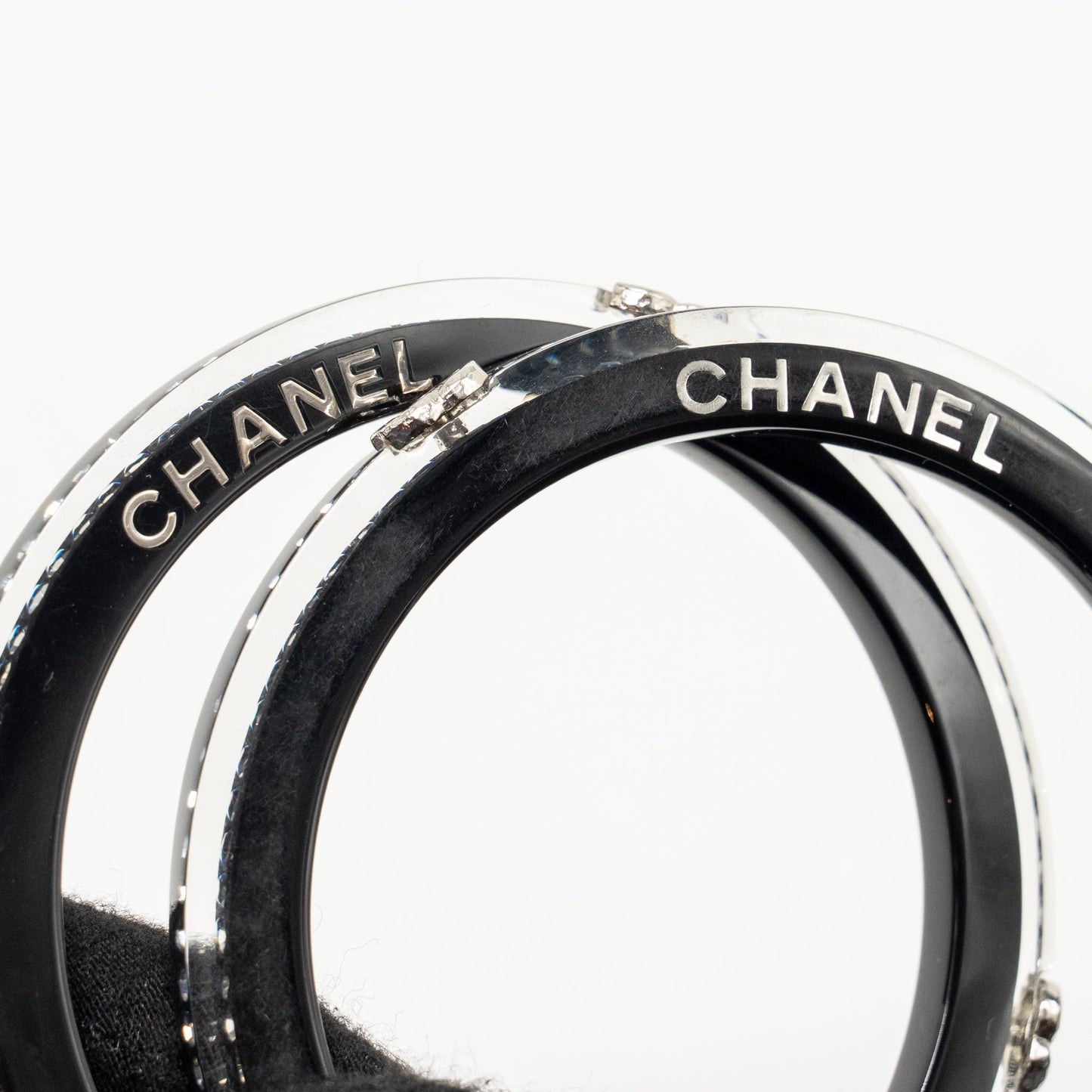 Chanel CC Logo Bracelet Resin / Crystal Black Silver Tone (Sell in a set)