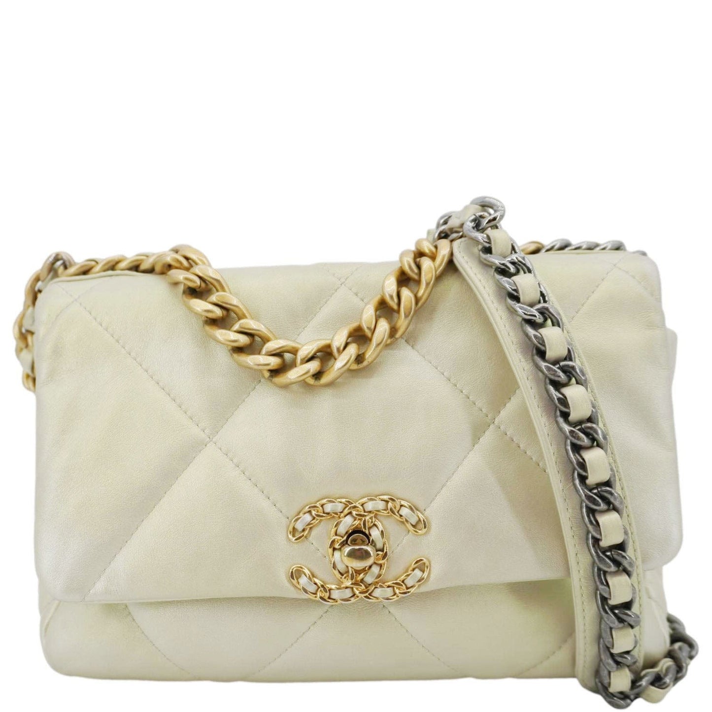 CHANEL Iridescent 19 Flap Calfskin Quilted Leather Shoulder Bag Metallic Gold