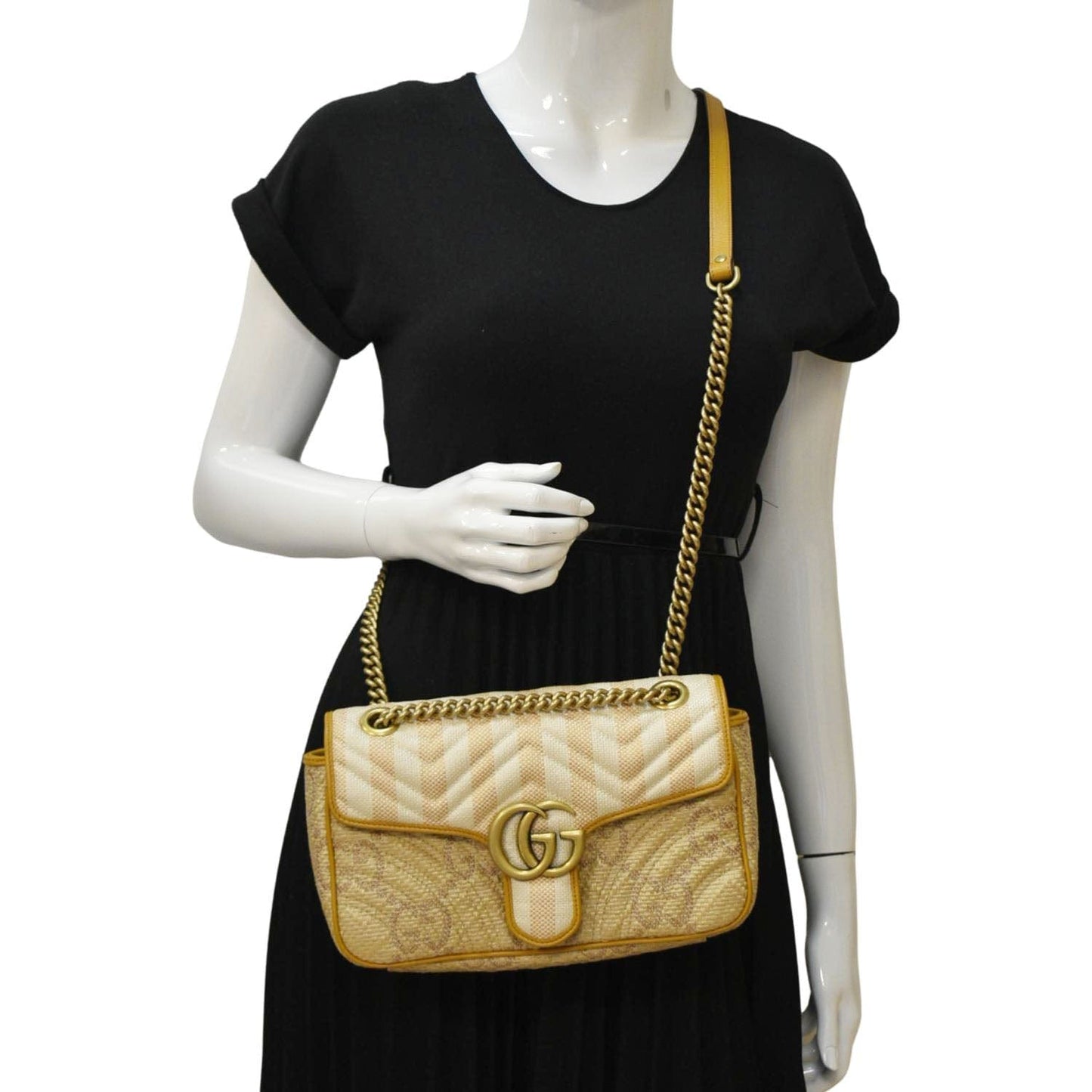 GUCCI GG Marmont Small Raffia Shoulder Bag Natural Beige 443497