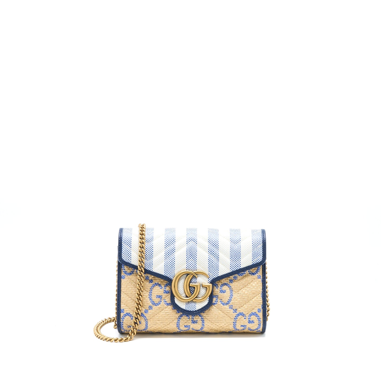 Gucci Marmont Flap Purse Matelasse Raffia Blue/Multicolour Brushed