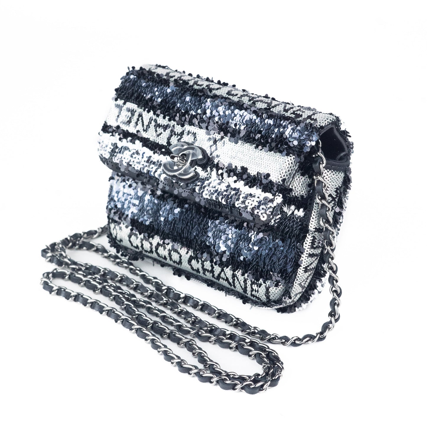 Chanel Mini bag with Chain in Black White and Silver Sequin