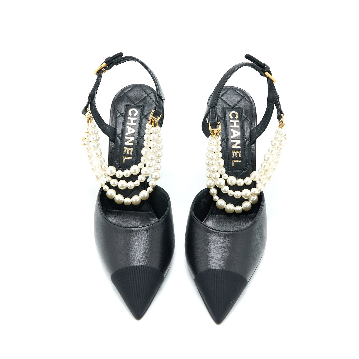 Chanel Size 39 Heel with Pearl Leather/Fabric Black GHW